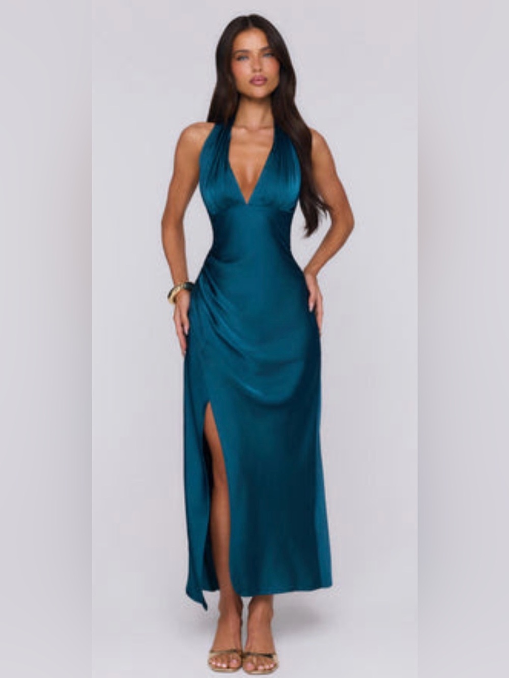Hello Molly Teal Satin Halter Maxi Dress with High Slit